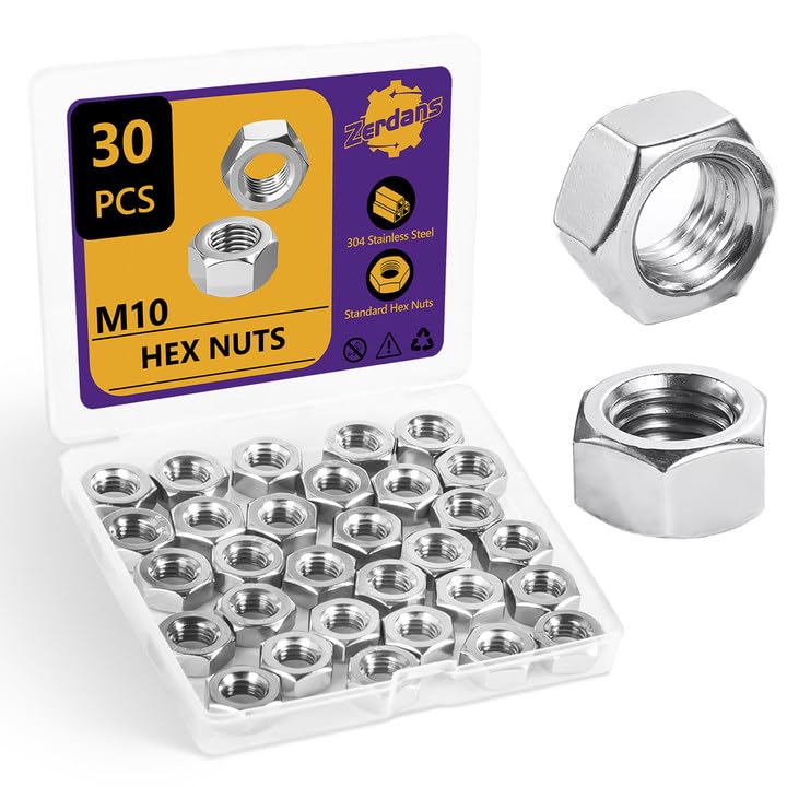 ZerDans M10 Hex Nuts, 30Pcs Metric 304 Stainless Steel Metal M10-1.5mm Hexagonal Nuts Hardware Set for Bolt for Furniture, Automotive, Industry and Construction, Full Thread - Image 1